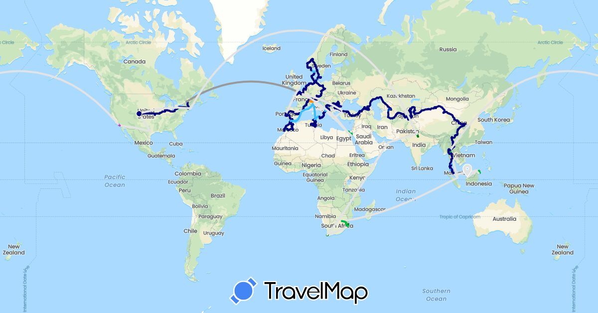 TravelMap itinerary: driving, bus, train, hiking, boat, hitchhiking, plane w/o bike, plane w/ bike, cargo transport, taxi, scooter in Austria, Canada, France, Morocco, Portugal, United States (Africa, Europe, North America)